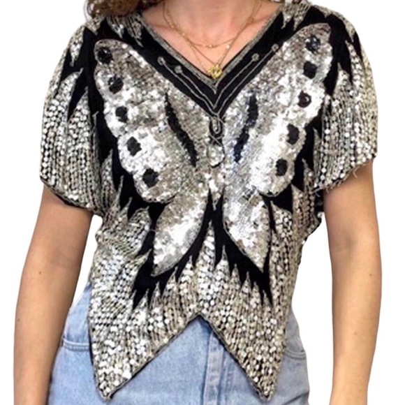 70’s Sequined Silk Butterfly Top - Picture 4 of 4